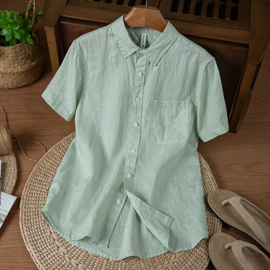 麻尚生活2025夏季新款纯亚麻时尚短袖衬衫纯色文艺潮流男装衬衣