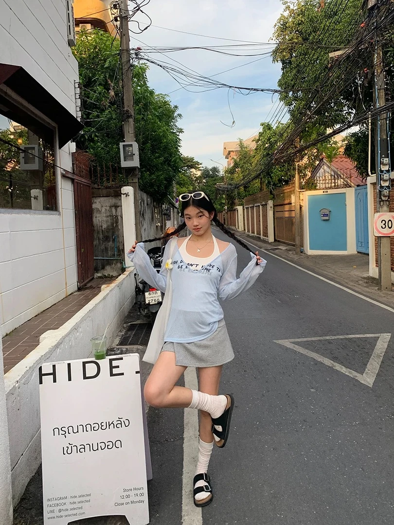 薄款镂空叠穿字母印花防晒罩衫背心短裙女2025夏季新款韩系套装潮