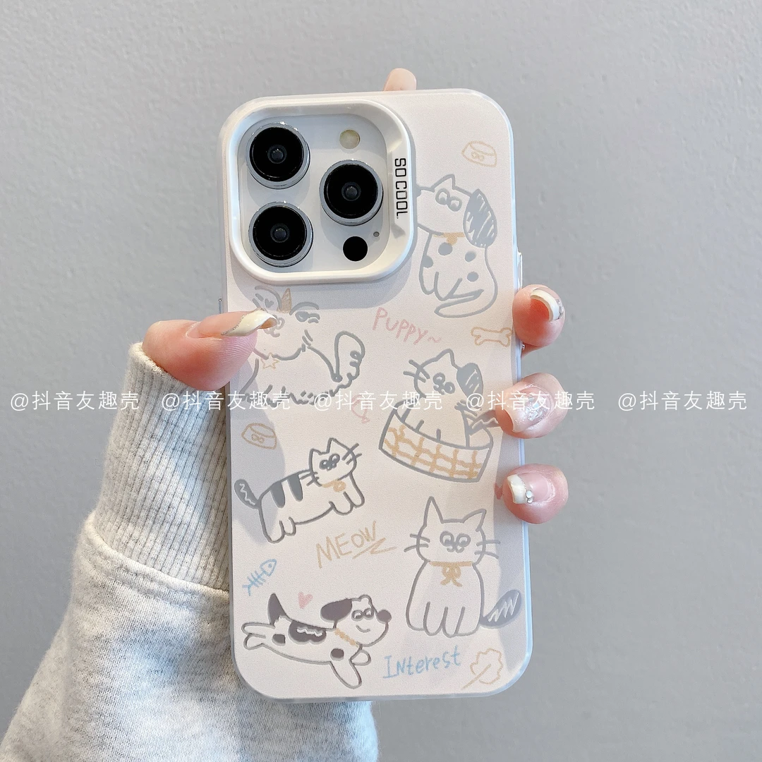 适用于苹果16华为vivo小米oppo荣耀磨砂彩银简单款手机壳小猫小狗