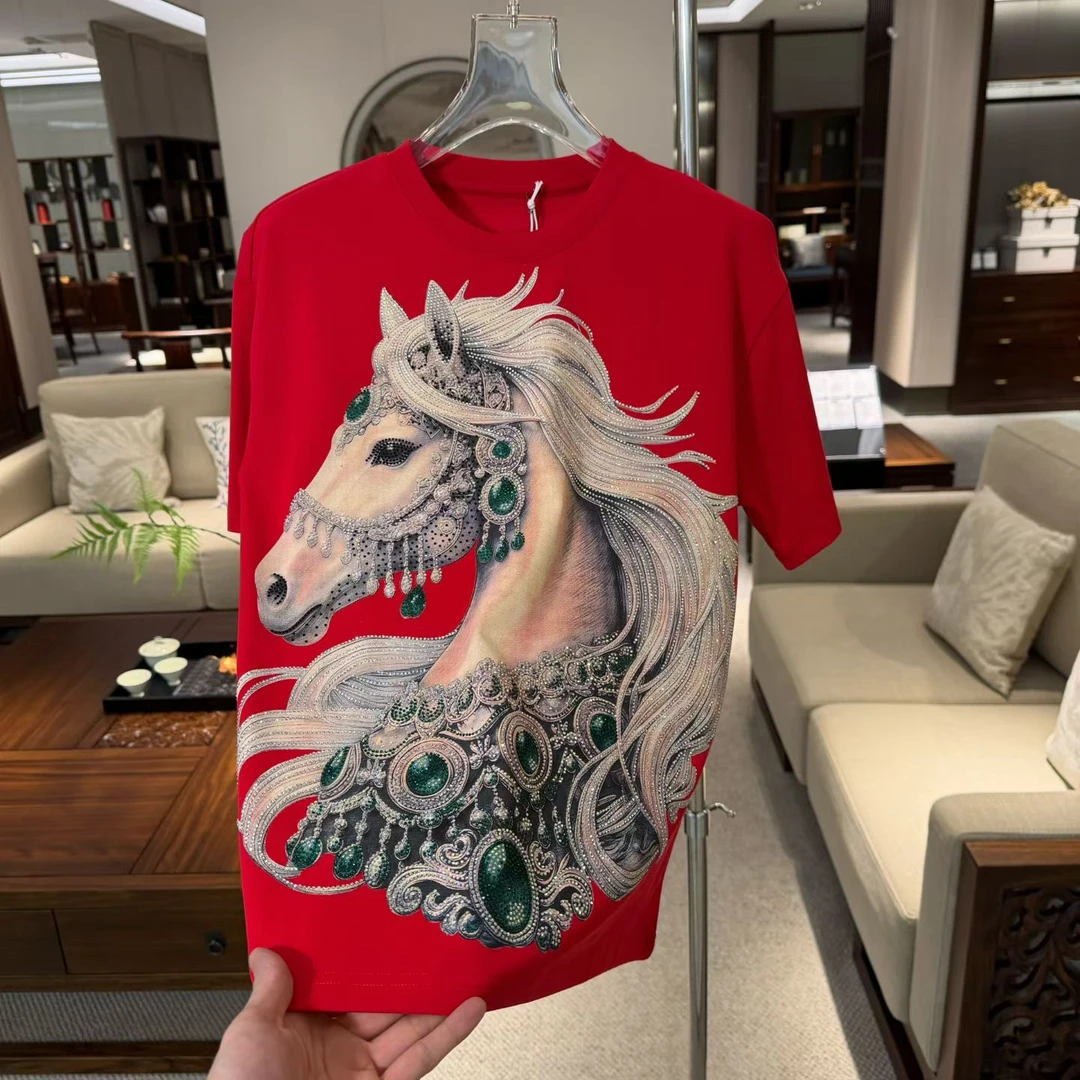 28007马年短袖烫钻常规款T恤设计师上衣中古男女时尚休闲镶钻套装