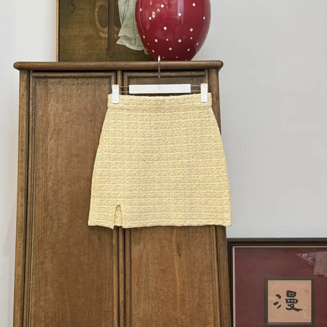 MYL2025春季新品锦棉黄色格子半身裙中腰短款小香感休闲半裙