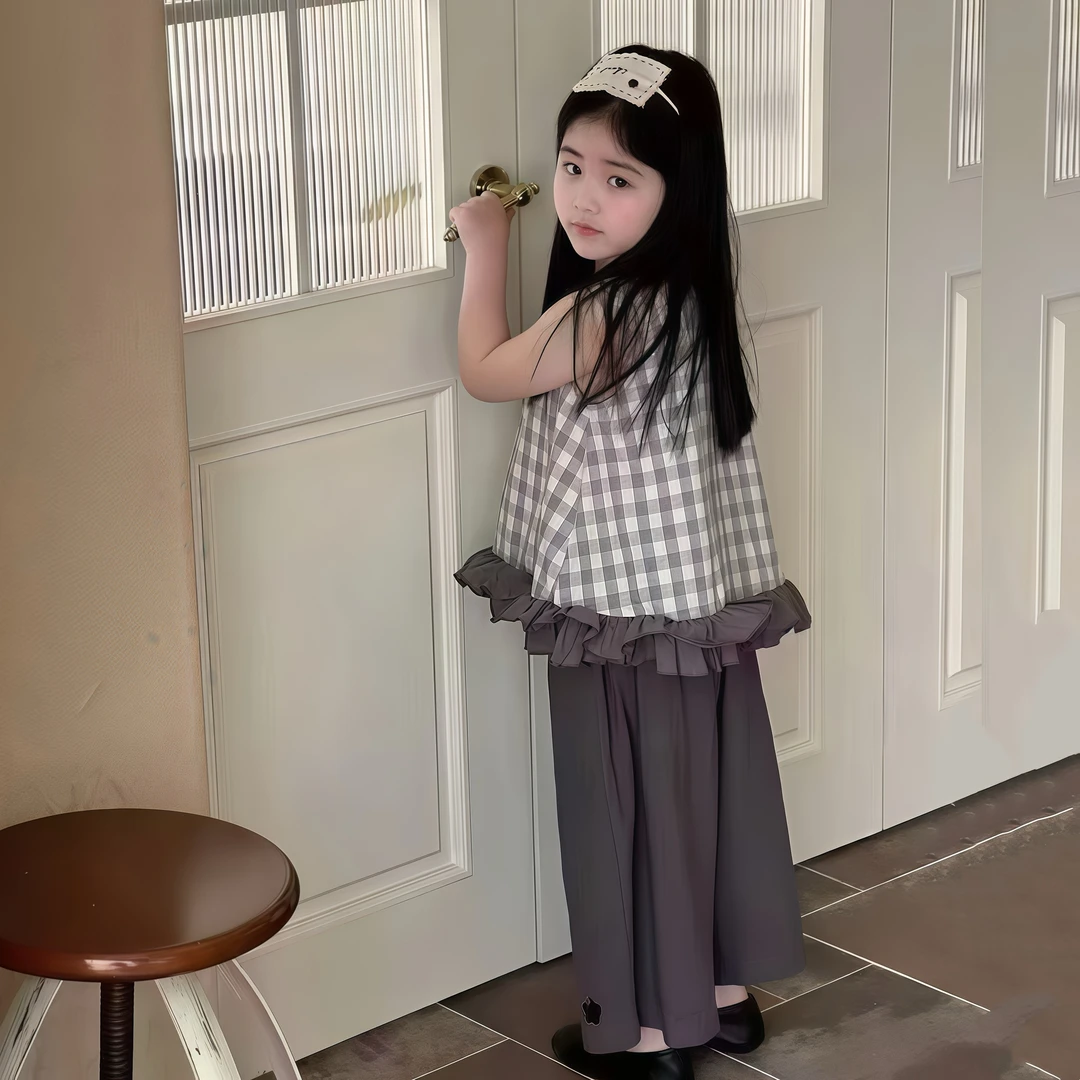 女童夏季格子背心套装2025洋气韩版夏装薄款儿童无袖休闲两件套