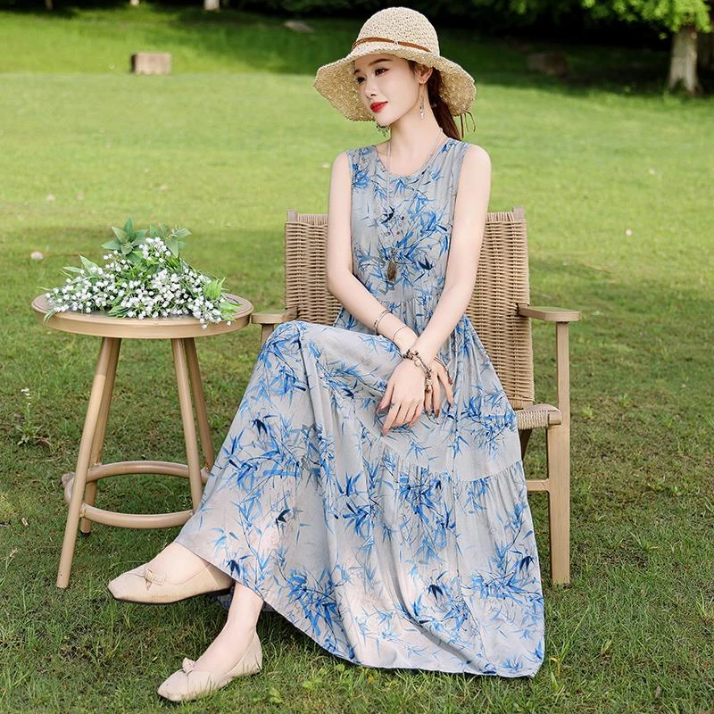 2025新款夏季纯棉绸连衣裙女长款过膝睡衣家居服大码无袖妈妈睡裙