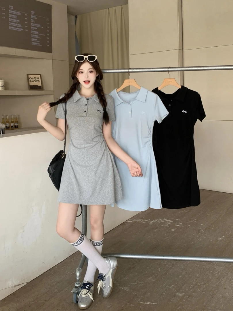 2025夏季新款小个子裙子复古韩版连衣裙褶皱收腰甜美可爱风格衣服