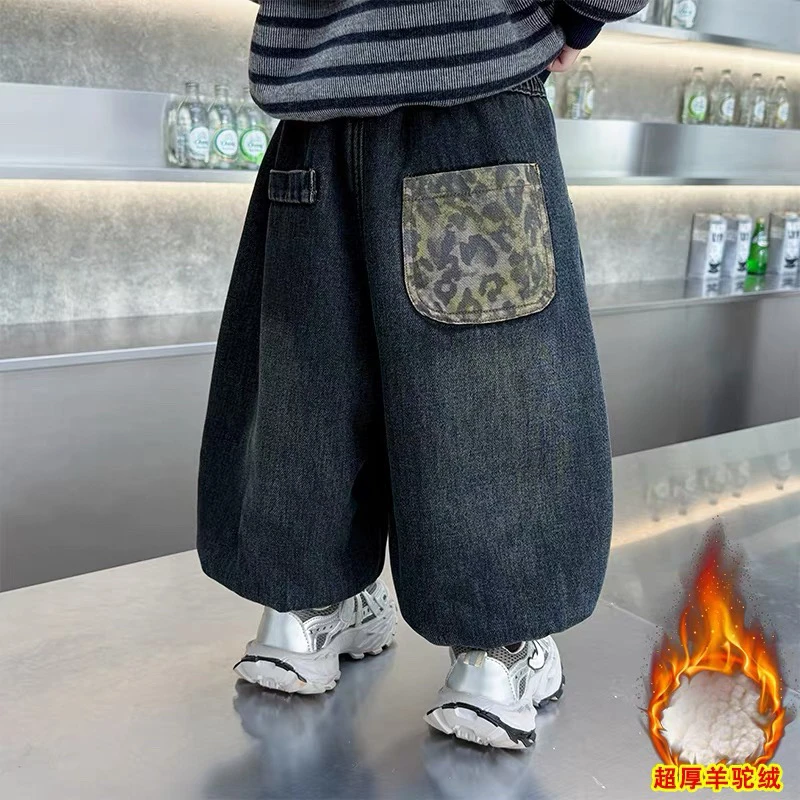 男童冬季加绒加厚韩版时髦豹纹牛仔裤束脚裤