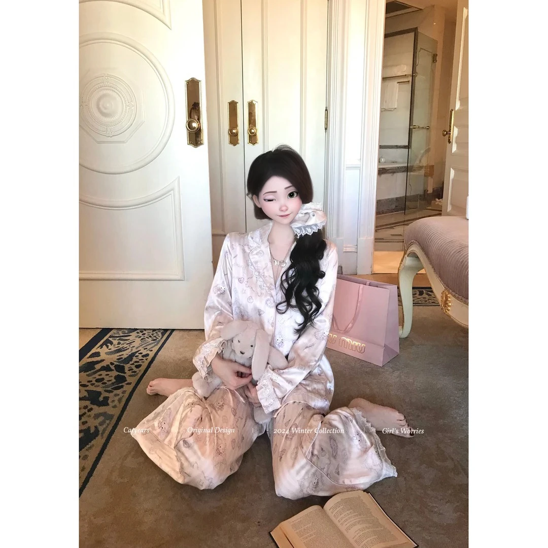 【蕾丝kitty】网红凯蒂猫蕾丝冰丝睡衣女春秋款2025新款套装家居服