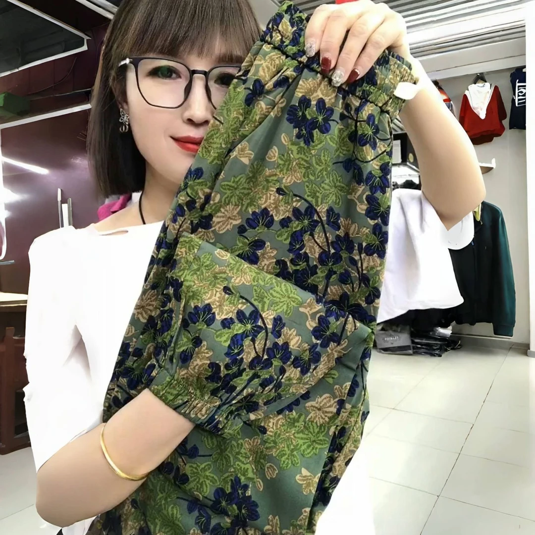 2025夏季新款高腰百搭印花薄款休闲裤九分裤碎花清凉感束脚花裤子