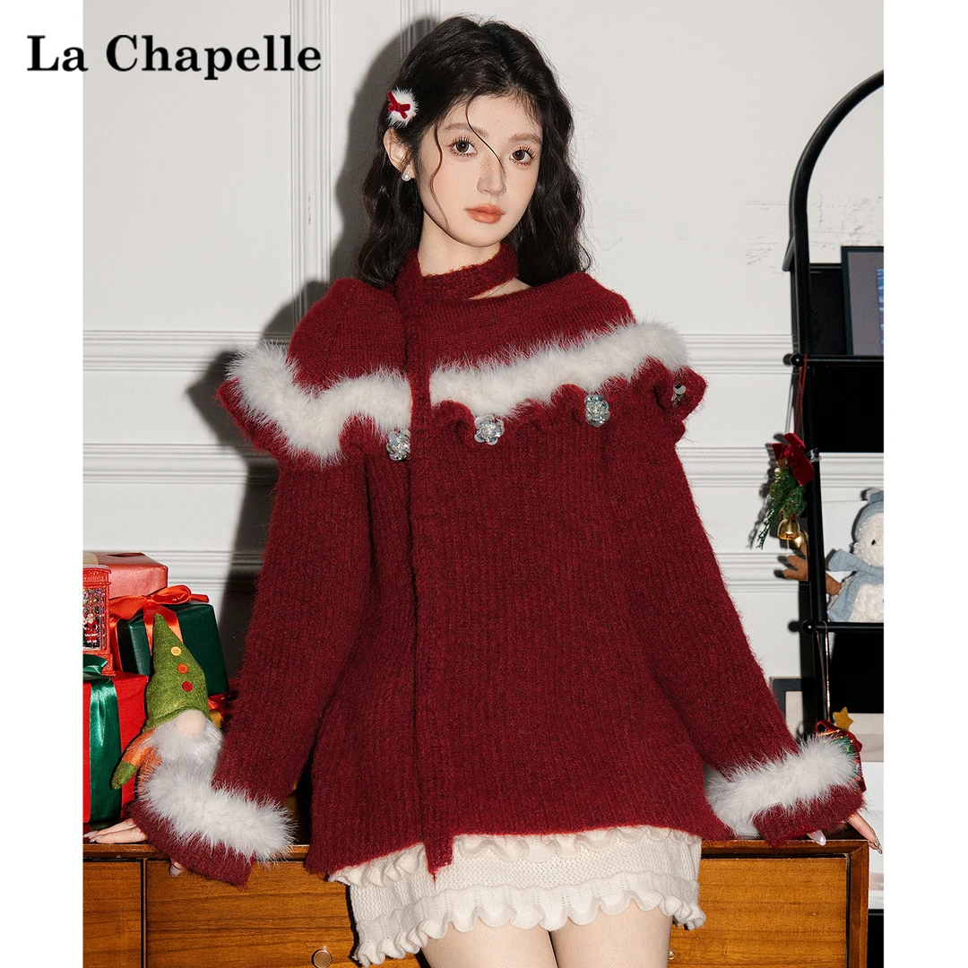 拉夏贝尔红色圣诞氛围感穿搭毛衣女冬季小个子宽松保暖针织衫上衣