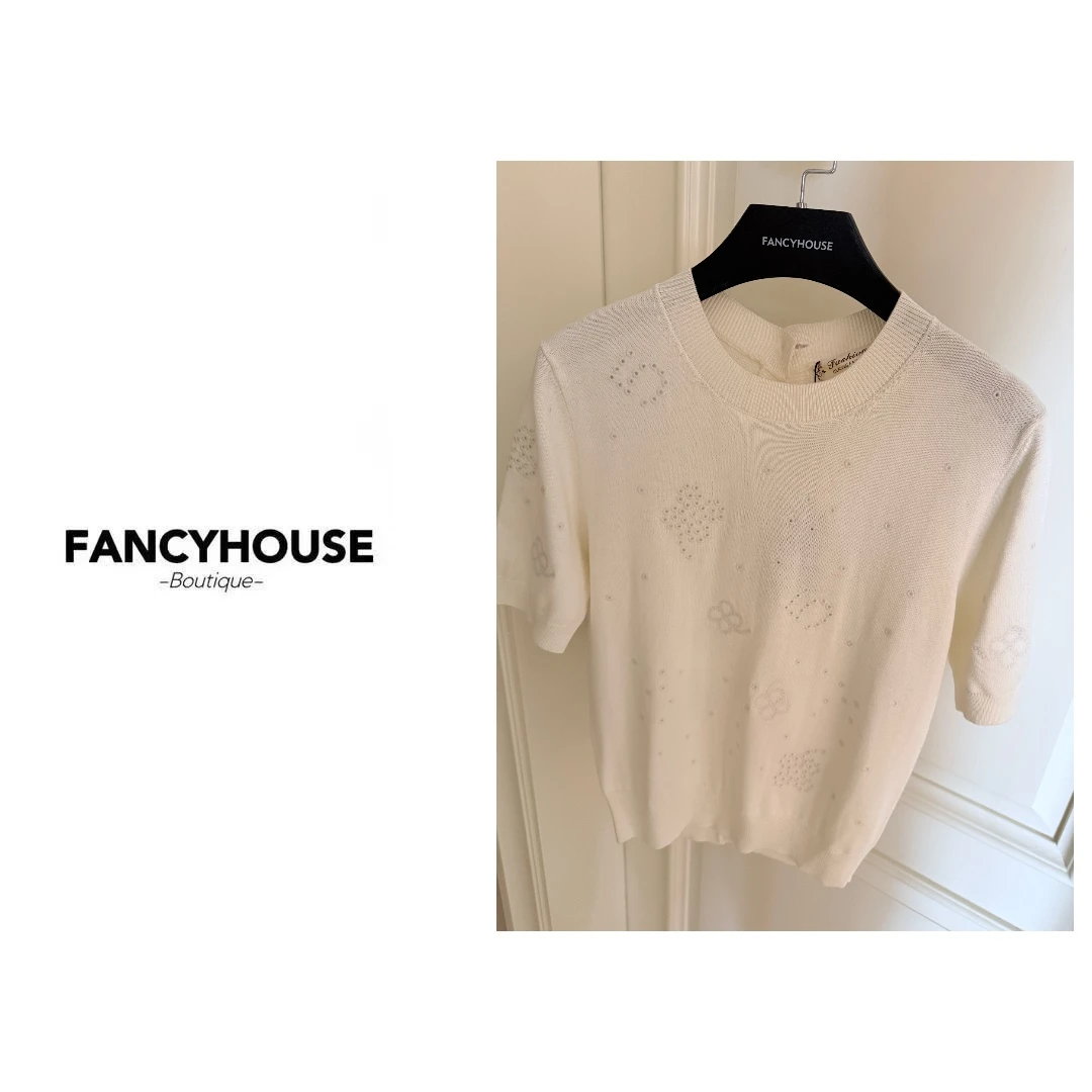 梵晞【暖春细雨】时尚气质百搭显瘦设计感刺绣简约优雅针织短袖