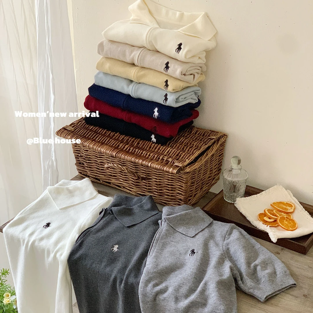 韩风复古半拉链短袖软糯针织衫女早秋洋气套头正肩刺绣polo衫上衣