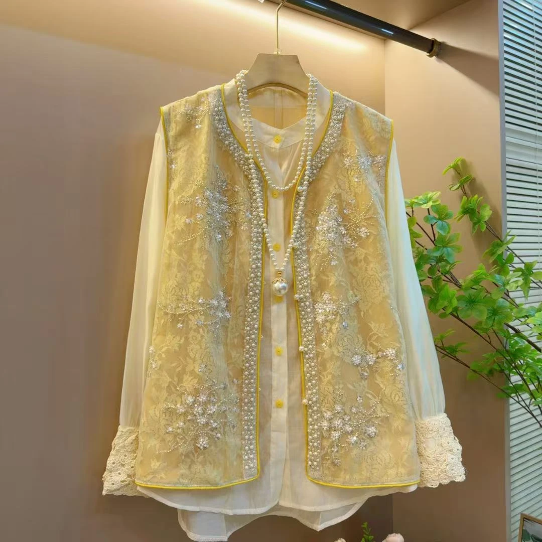 新款国风减龄重工亮片设计感时尚胖MM马甲两件套