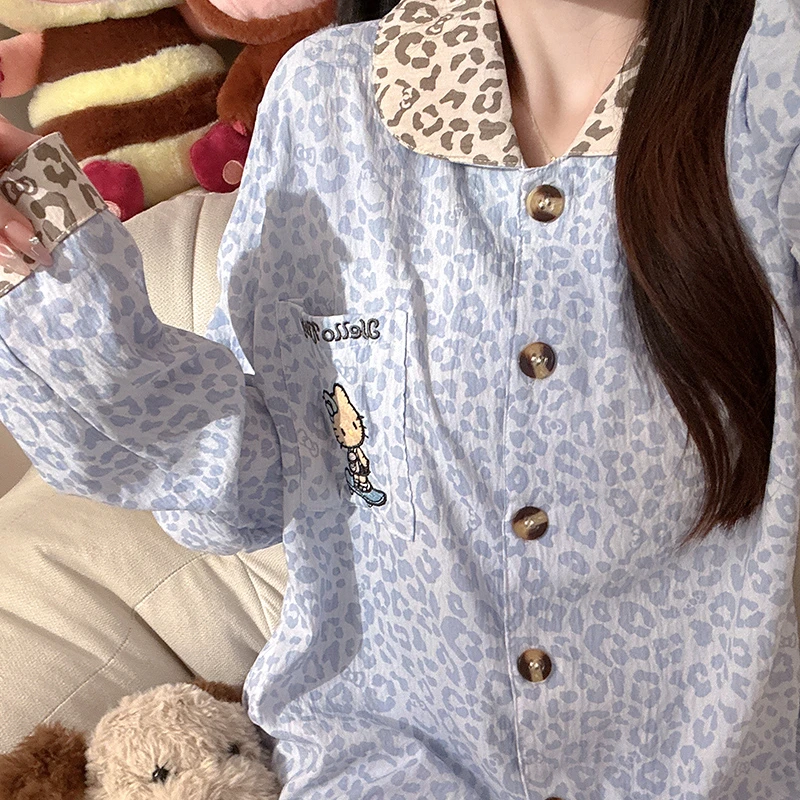 日系雾蓝豹纹Kitty睡衣女春秋季长袖长裤卡通可爱家居服薄款套装