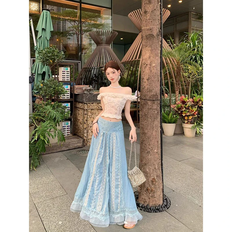 法式温柔套装一字肩花边收腰显瘦T恤女夏季高腰百搭半身裙两件套