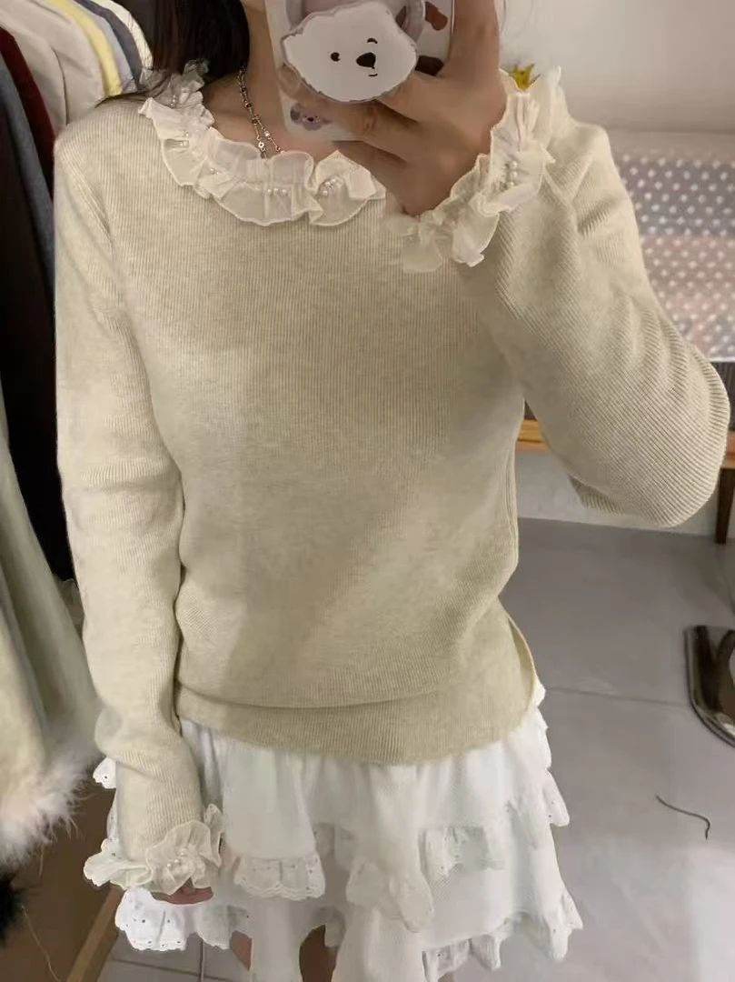 法式小香风蕾丝花边长袖针织衫新韩系气质减龄显瘦内搭毛衣G6-59