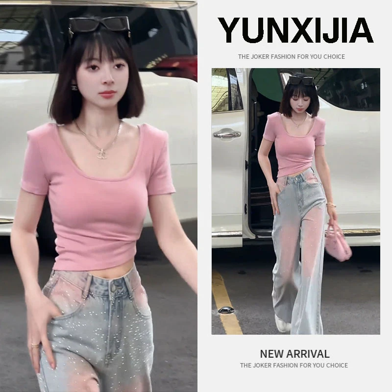 夏季新款修身紧身小众设计感百搭纯色U领短袖t恤女牛仔裤两件套