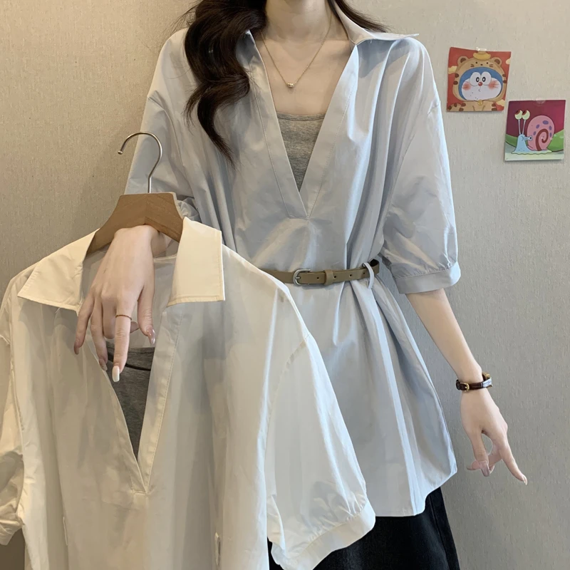 大码气质V领半袖衬衫女胖mm撞色显瘦吊带背心配腰带时尚两件套潮