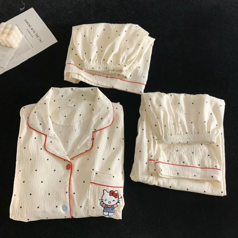 韩版波点KT猫夏季新款睡衣女短袖三件套可爱网红家居服可外穿套装