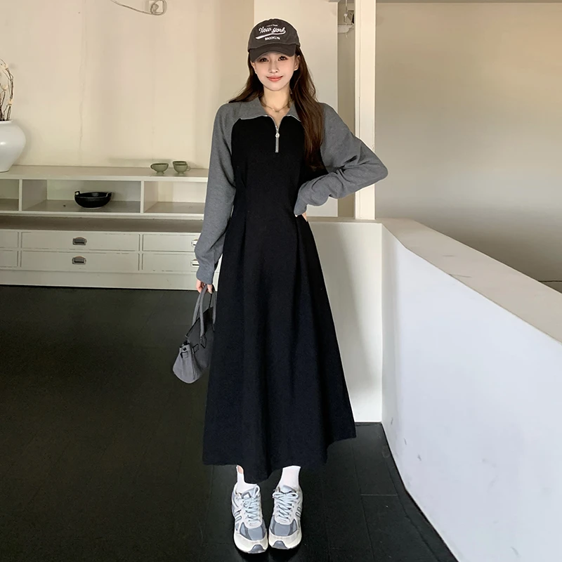 大码休闲复古长袖连衣裙女秋季梨形身材卫衣裙胖MM遮肚子显瘦裙子