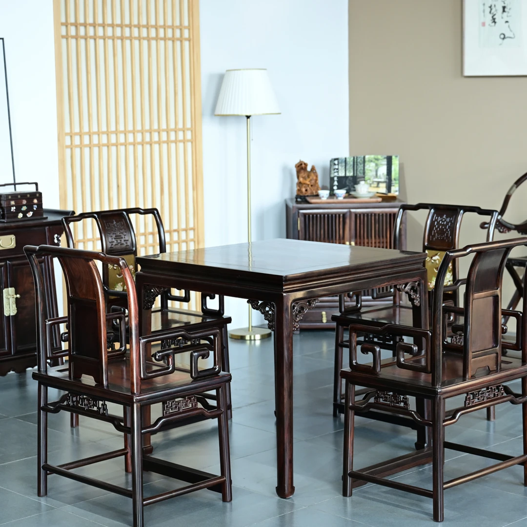 精品好货大红酸枝（交趾黄檀）金钩椅五件套螭龙纹方桌配四椅南官帽