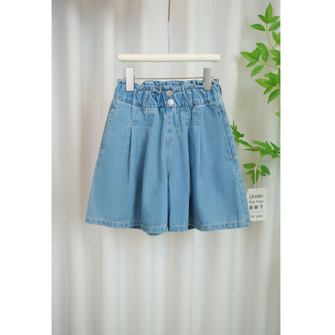 女童夏季薄款牛仔裤2025新款百褶拼接款中大童百搭五分牛仔裤A069