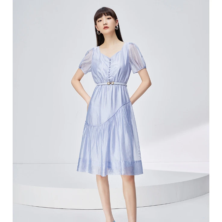 【小余专属】商场同款新品方领锁骨醋酸高腰连衣裙N194B32959