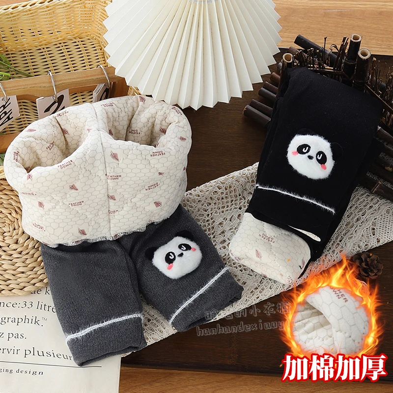 三层加厚-儿童秋冬加绒加厚棉裤女童打底棉裤卡通熊猫宝宝保暖