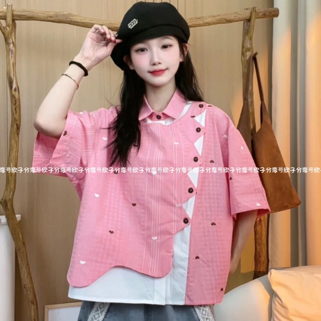 XZ“茉莉奶白”原创夏季新品解腻粉色拼白小众特色短袖衬衫上衣衬衣
