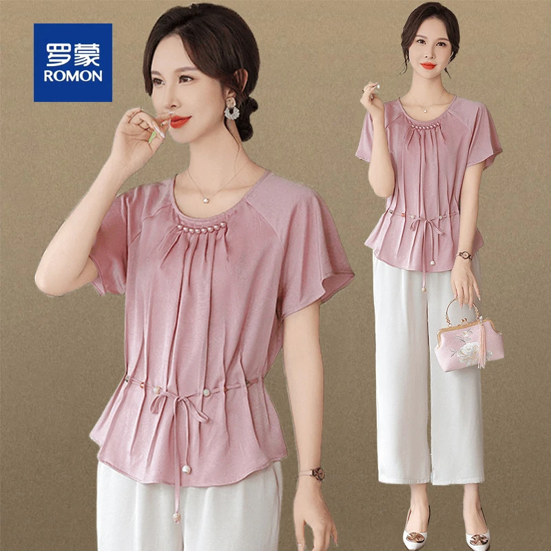 罗蒙年轻妈妈夏装套装洋气减龄短袖上衣女时尚中老年女装气质小衫