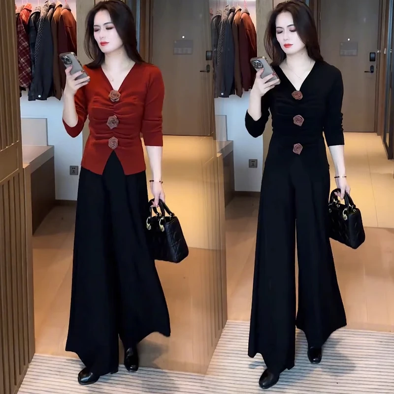 时尚套装女2024秋冬新款洋气显瘦针织打底衫阔腿裤休闲百搭两件套