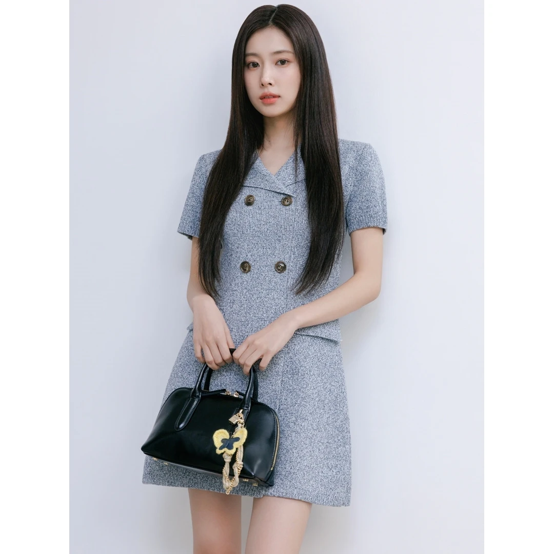 【 Montendre】S 夏季新款 时尚休闲气质甜美优雅针织翻领短款连衣