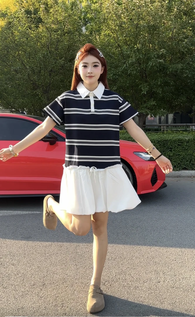 韩版新款夏款休闲舒适时尚灰条纹拼接花苞裙大码连衣裙