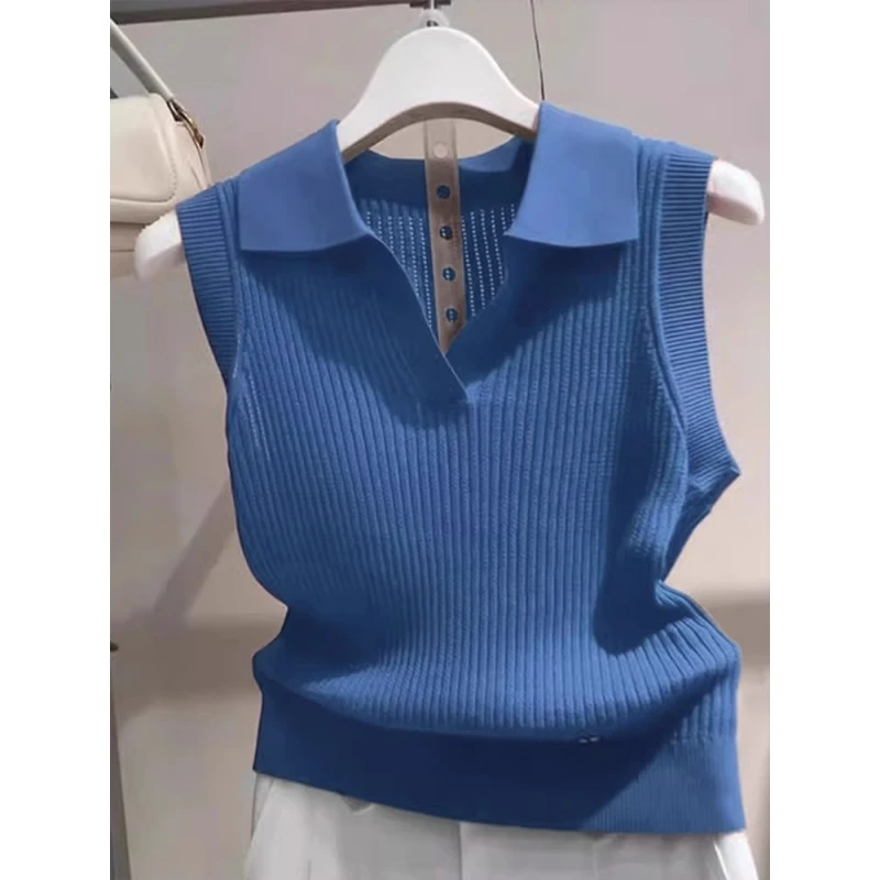 深蓝色简约翻领无袖针织背心女2025夏季新款凉感休闲通勤百搭上衣