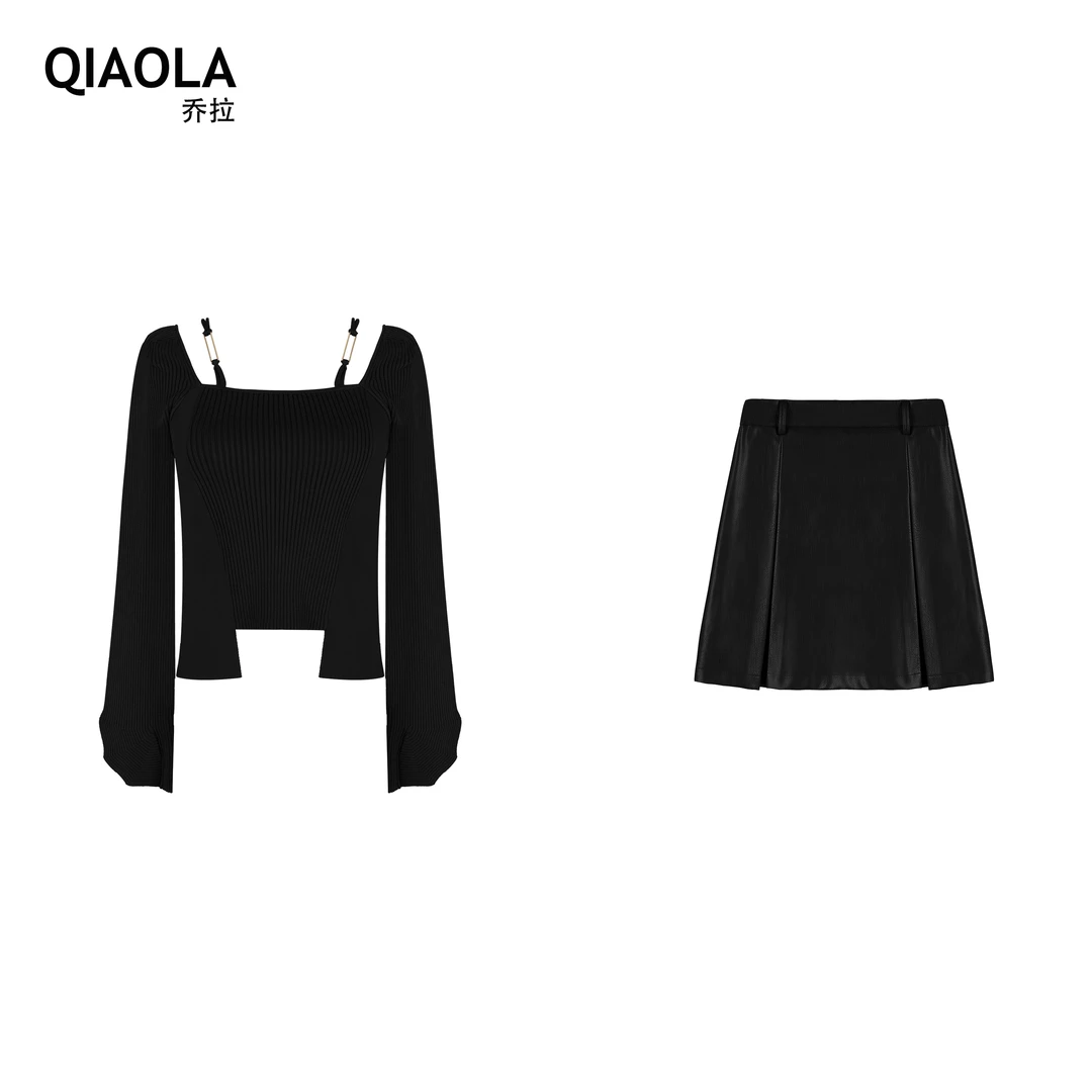 QIAOLA/乔拉【奥本小姐】早春定制方领PU皮轻奢休闲上衣套装预售