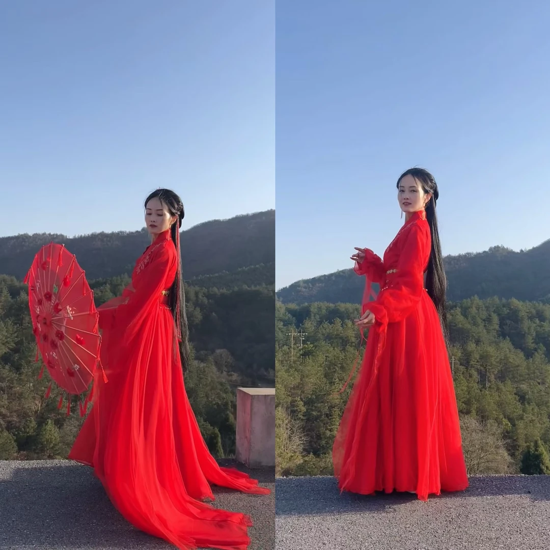 红色网纱天丝网纱超仙中国风仙侠影视服装