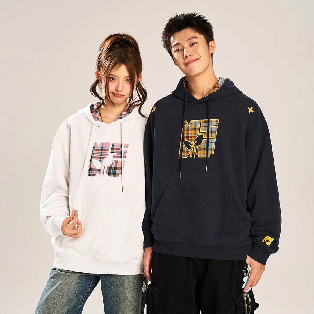 NSTNEW START发芽计划格纹贴布潮牌宽松休闲百搭连帽卫衣情侣帽衫