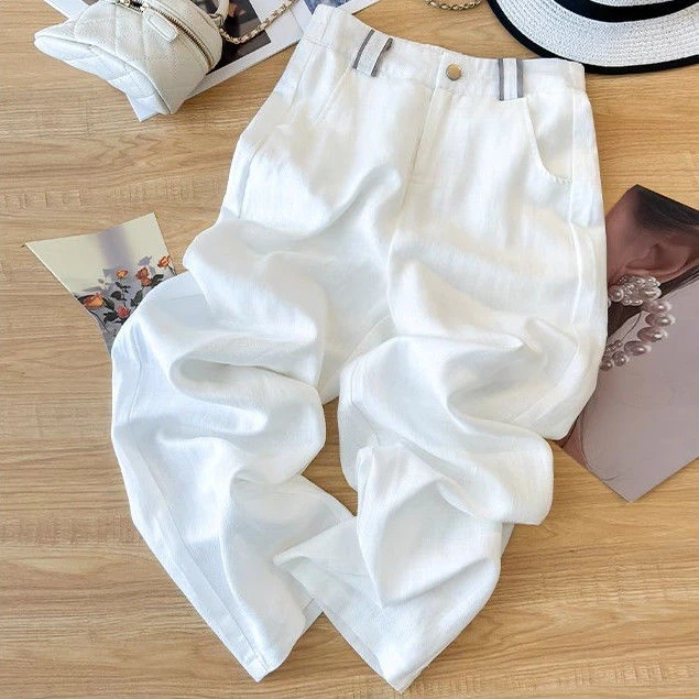 高腰棉麻阔腿裤女春夏新款2025新款高腰垂感窄版直筒休闲裤子