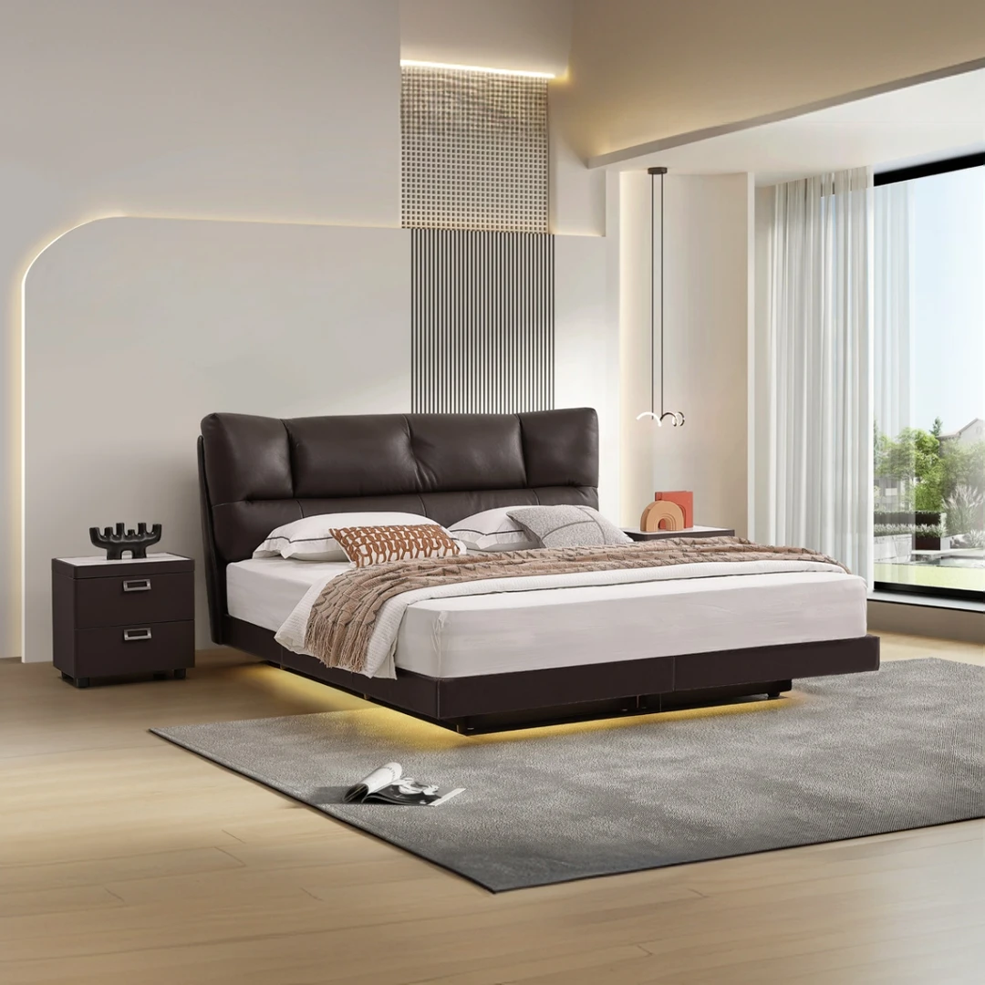 酒窝床大床意式轻奢床1.8米简约双人主卧床爆款头层牛皮全真皮床