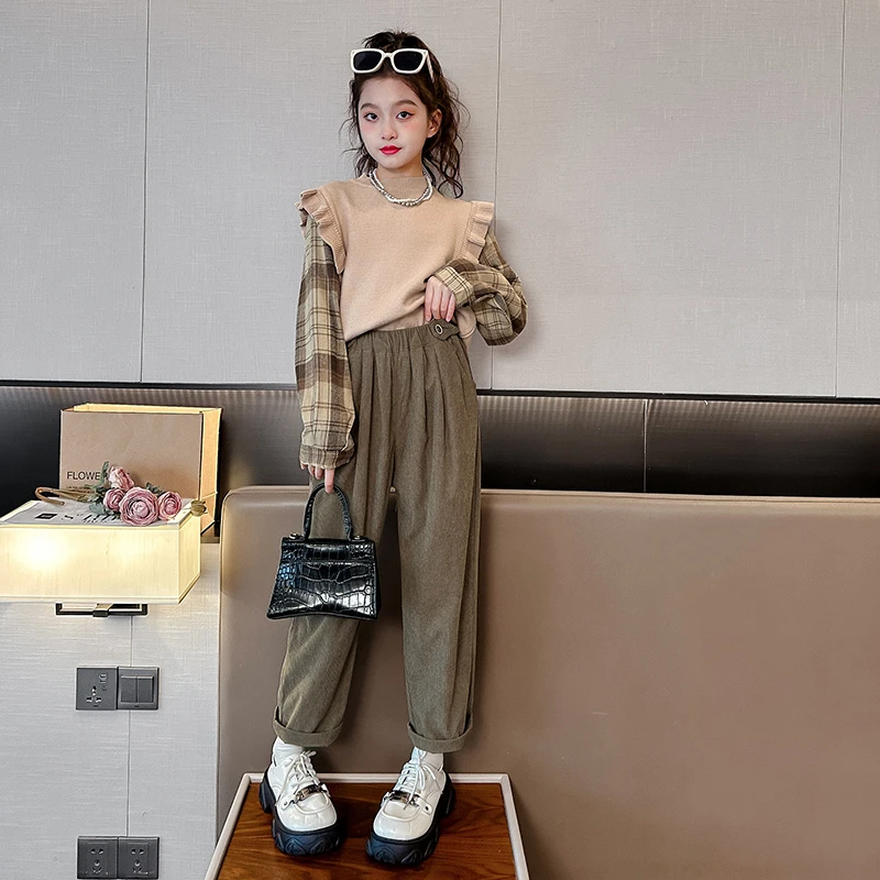 （两件套）女童显瘦女韩版针织格子套头时髦纯色休闲春秋两件套装