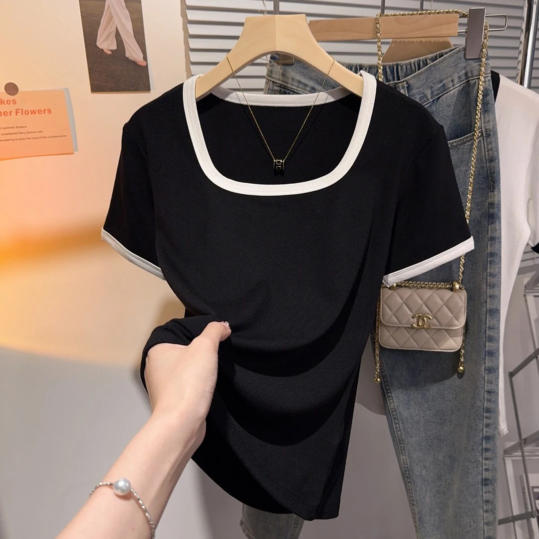 拼色短袖t恤女夏2025新款韩版修身百搭独特漂亮小衫时尚方领上衣