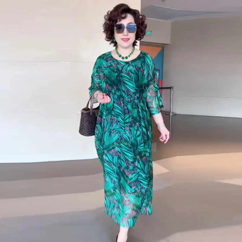 620夏季时尚气质优雅中长款乔其纱连衣裙妈妈装洋气减龄中长裙子