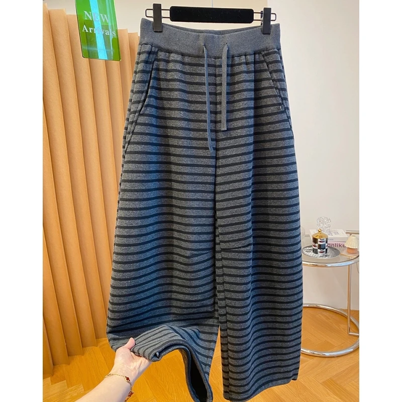 高级感加绒加厚条纹裤子女秋冬2025新款宽松百搭保暖阔腿长裤子