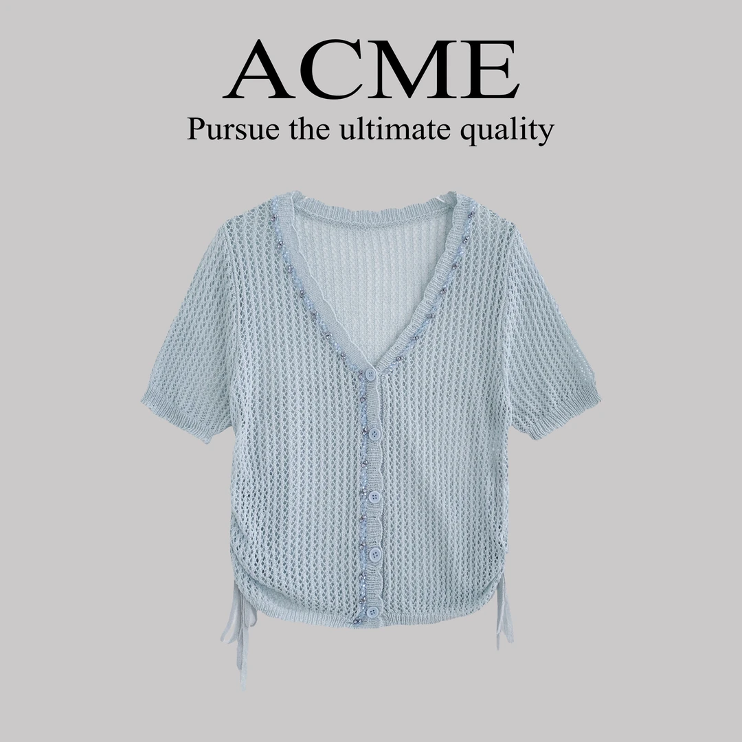 2025新款蓝色春夏季镂空短款短袖毛针织衫百搭设计师毛衣上衣
