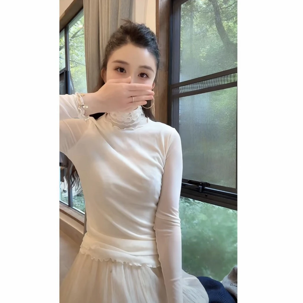 2025秋新款木耳边半高领双层网纱长袖内搭打底衫