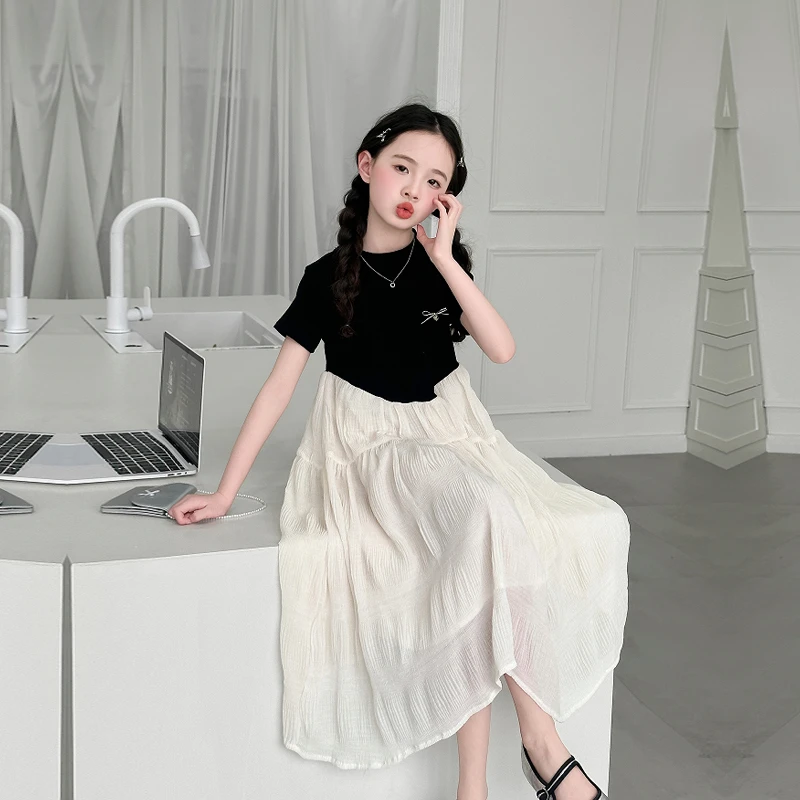 女童连衣裙2025新款韩版时尚儿童中大童黑白拼接大摆赫本风裙子潮