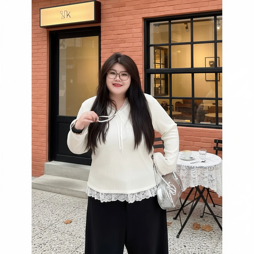 花契“旧金山湾”大码女装冬季百搭200斤胖mm蕾丝拼接打底衫16286-X