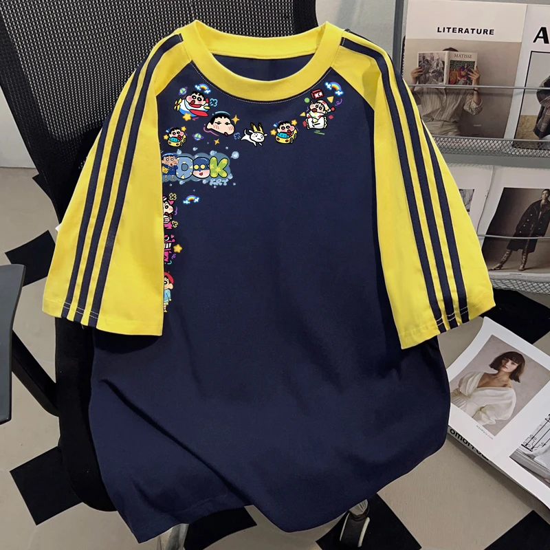 Dekkry高街插肩三条杠蜡笔小新夏季纯棉短袖t恤男女百搭圆领上衣