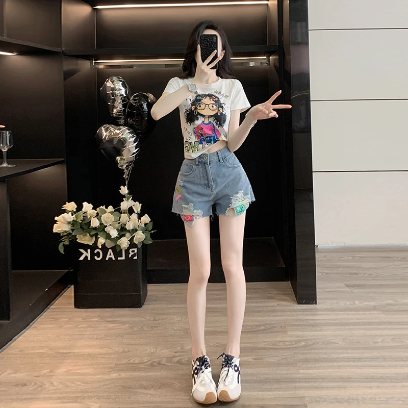 2025夏新款时尚休闲套装女爆款可爱涂鸦女孩短袖T牛仔短裤两件套