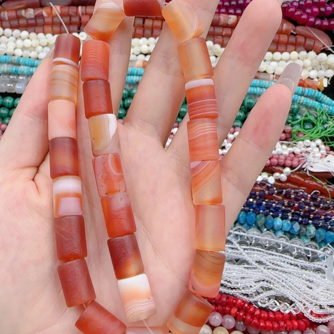 未镶嵌玛瑙/玉髓珠宝半成品橘皮老玛瑙管珠一条10×14