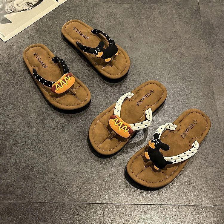 新款小众热狗卡通人字拖鞋女夏季外穿设计感平底夹脚百搭学生沙滩