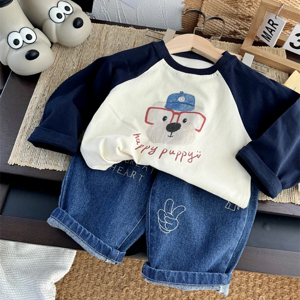 儿童秋装男童长袖T恤女童撞色打底衫宝宝纯棉插肩袖上衣休闲童装